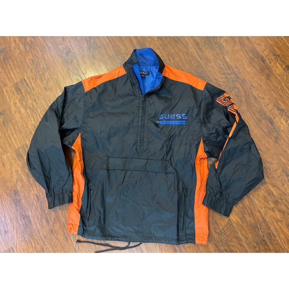 Vintage Guess Jeans Black Orange and Blue Full Zip Windbreaker Jacket Size Large